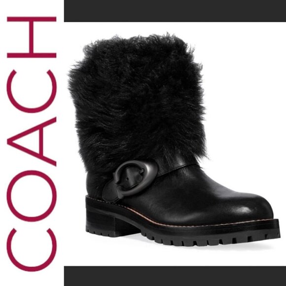 NWT COACH Leighton Shearling Lamb Fur Black Moto Boots, Size 6.5 (EU37) - Picture 1 of 13